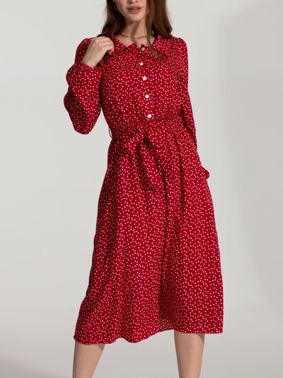 Tied Printed Button Up Balloon Sleeve Dress Trendsi