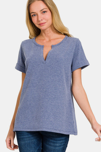 Zenana Notched Short Sleeve Waffle T-Shirt Trendsi