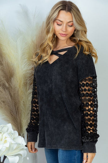 Thermal V-Neck Lace Long Sleeve Top in Black Ave Shops