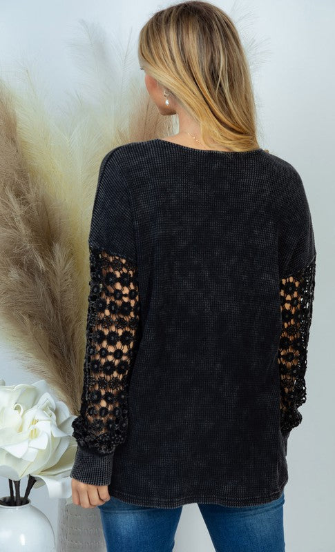Thermal V-Neck Lace Long Sleeve Top in Black Ave Shops