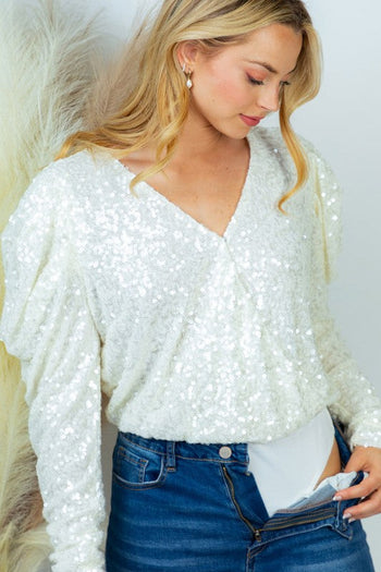 Sequin Surplice Bodysuit in White Ave Shops