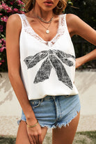 Lace Detail Bow Graphic V-Neck Tank Trendsi