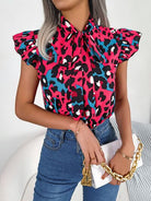 Leopard Tie Neck Cap Sleeve Blouse Trendsi