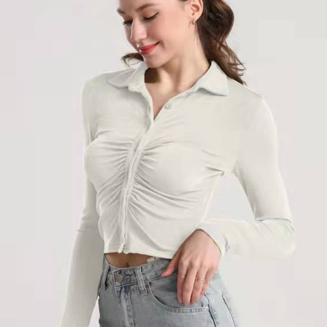 Ruched Button Up Long Sleeve T-Shirt Trendsi