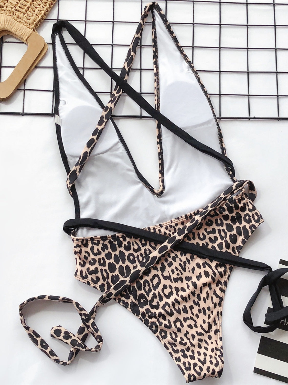 Tied Leopard Plunge One-Piece Swimwear Trendsi