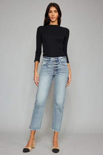 Kancan High Waist Button Fly Raw Hem Cropped Straight Jeans Trendsi