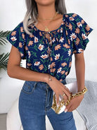 Floral Tie Neck Flutter Sleeve Blouse Trendsi