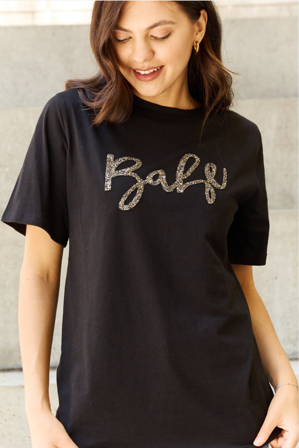 Davi & Dani "Babe" Full Size Gliter Lettering Printed T-Shirt in Black Trendsi