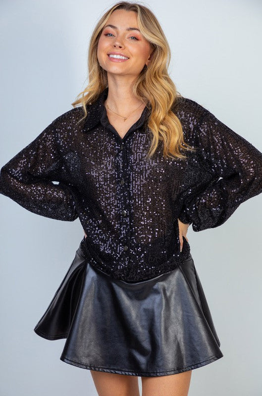 Sequin Mesh Knit Button Down Top in Black Ave Shops
