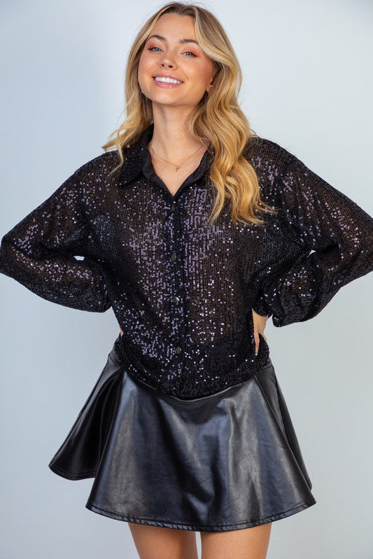 Sequin Mesh Knit Button Down Top in Black Ave Shops