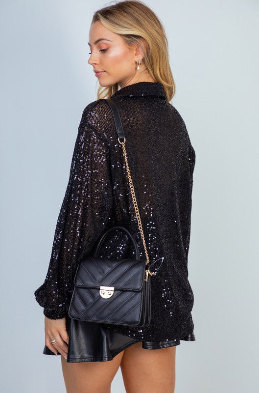 Sequin Mesh Knit Button Down Top in Black Ave Shops