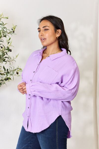 Zenana Full Size Texture Button Up Raw Hem Long Sleeve Shirt Trendsi