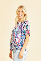 Short Sleeve Yellow Lilly Floral Scoop Neck Top in Navy/Purple Ave Shops