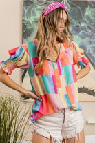 BiBi Color Block Smocked Short Sleeve Blouse Trendsi