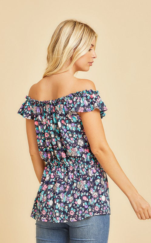 Off Shoulder Short Sleeve Top with Ruffles in Navy/N Pink Ave Shops