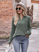 Decorative Button Johnny Collar Long Sleeve Blouse Trendsi