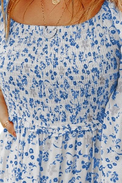 Smocked Floral Square Neck Balloon Sleeve Dress Trendsi