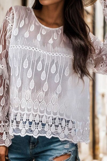 Round Neck Flounce Sleeve Lace Blouse Trendsi