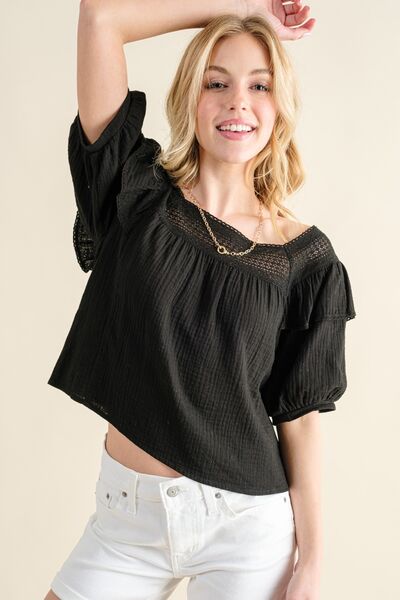 And The Why Square Neck Cotton Gauze Ruffled Blouse Trendsi