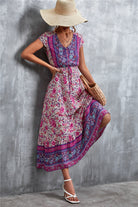 V-Neck Short Sleeve Printed Maxi Dress Trendsi