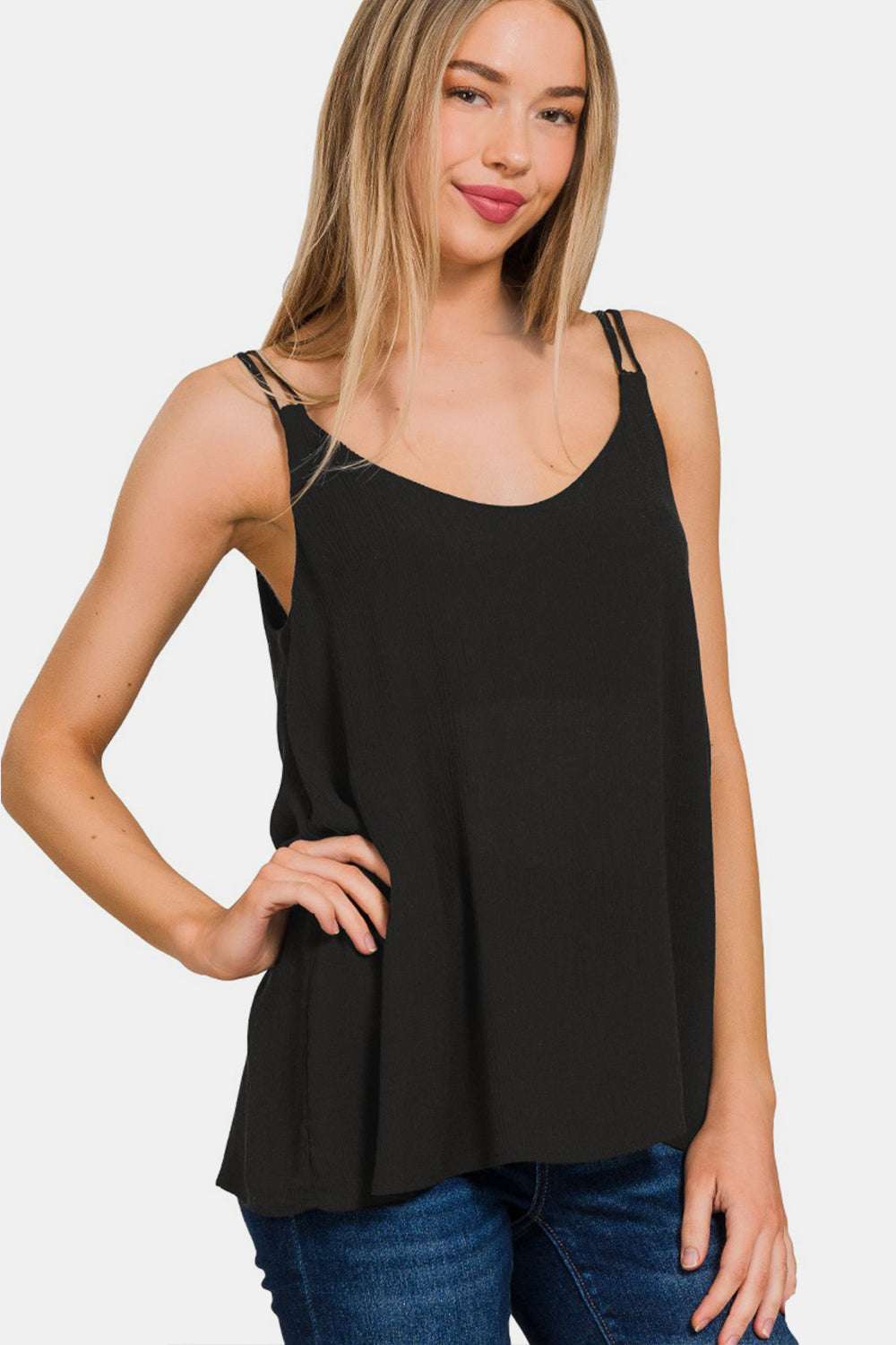 Zenana Woven Double Spaghetti Strap V-Neck Cami Trendsi