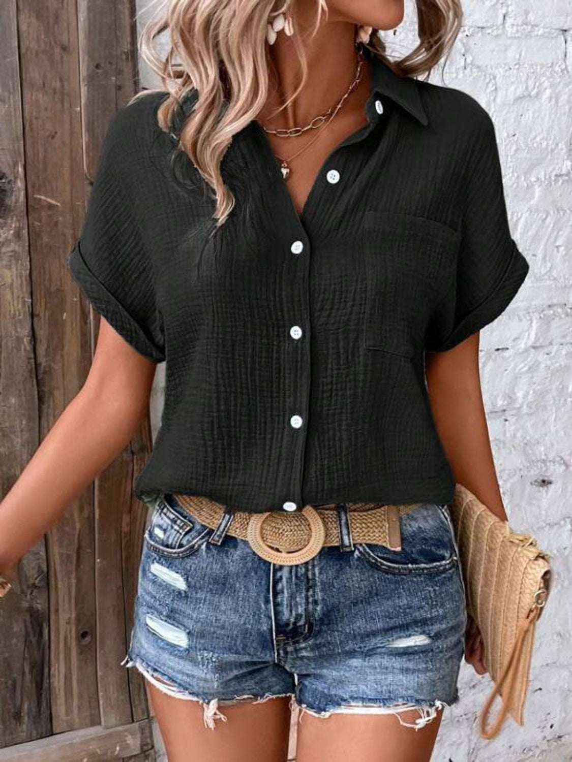 Textured Button Up Short Sleeve Shirt Trendsi