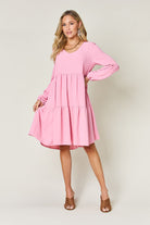 Double Take Full Size V-Neck Balloon Sleeve Tiered Dress Trendsi