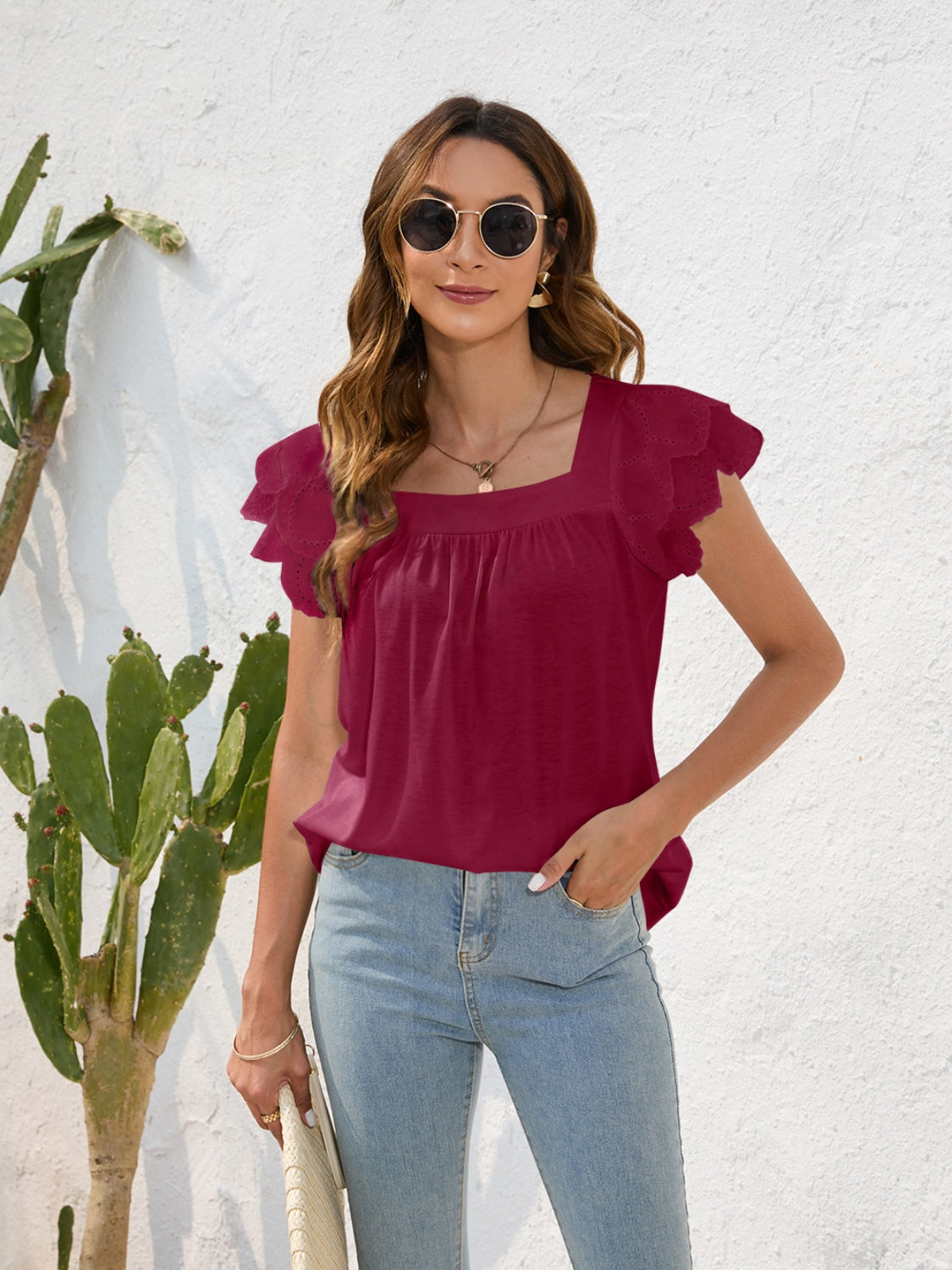 Ruffled Square Neck Cap Sleeve Blouse Trendsi