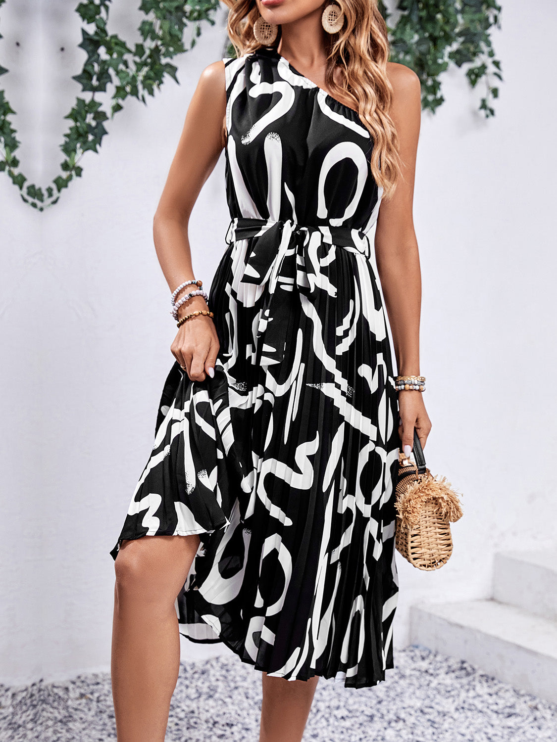 Printed Single Shoulder Tie Waist Dress Trendsi