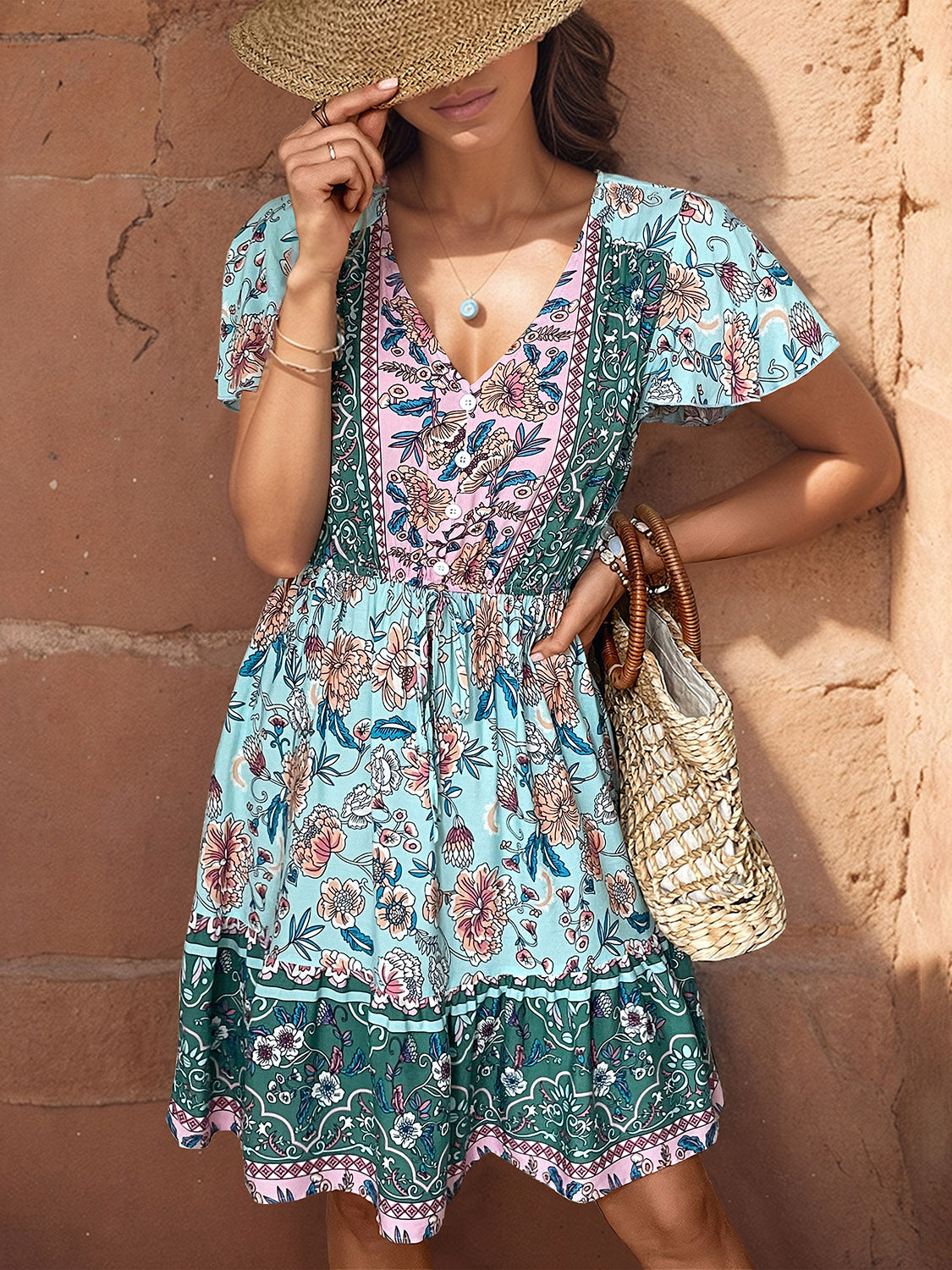 Printed V-Neck Flutter Sleeve Dress Trendsi