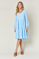 Double Take Full Size V-Neck Balloon Sleeve Tiered Dress Trendsi