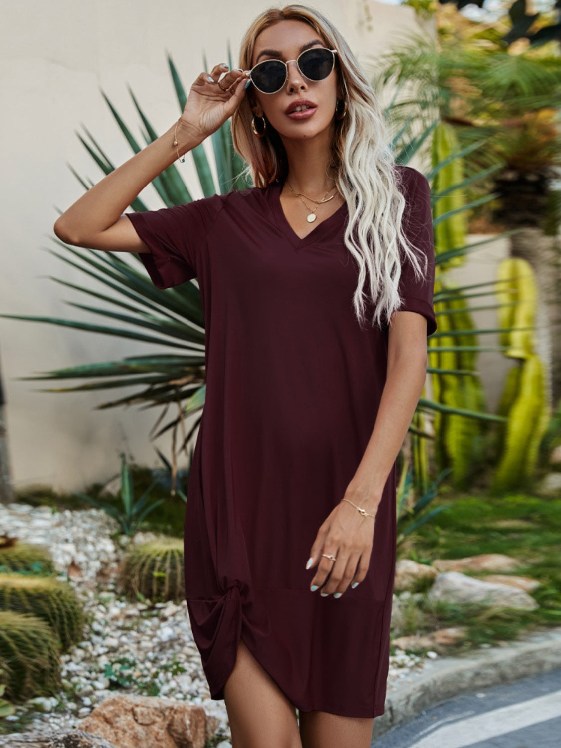 V-Neck Short Sleeve Mini Dress Trendsi