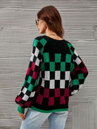 Checkered V-Neck Lantern Sleeve Sweater Trendsi