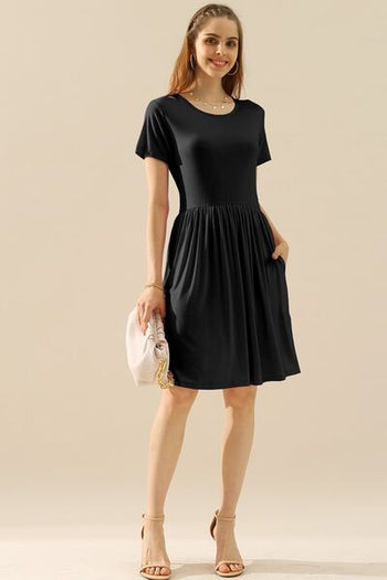 Ninexis Round Neck Ruched Dress with Pockets Trendsi