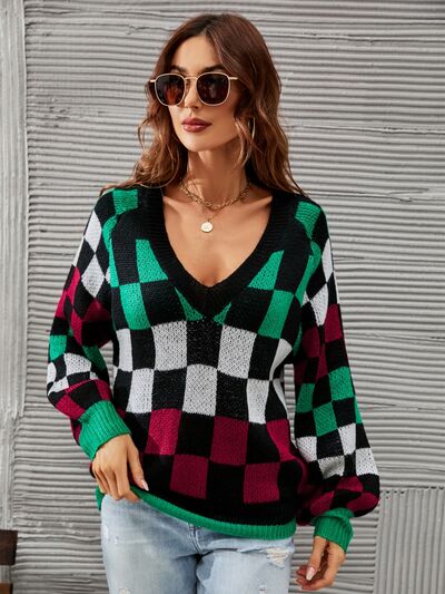 Checkered V-Neck Lantern Sleeve Sweater Trendsi