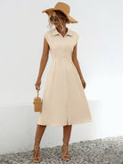 Button Up Cap Sleeve Midi Dress Trendsi