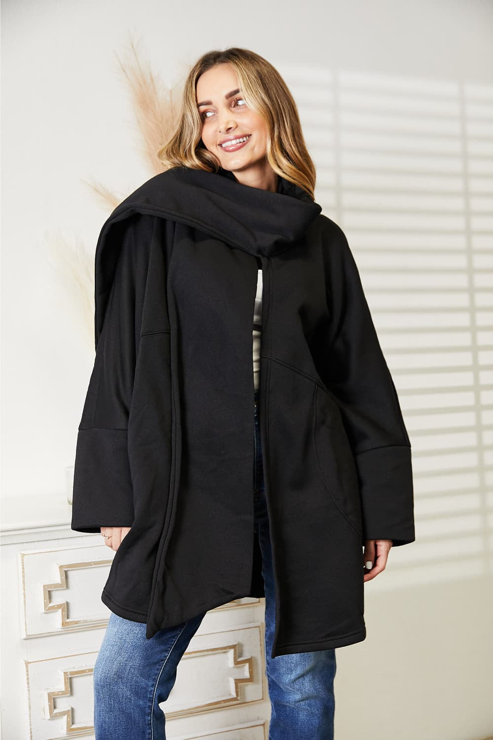 HEYSON Full Size Open Front Cardigan with Scarf Design Trendsi