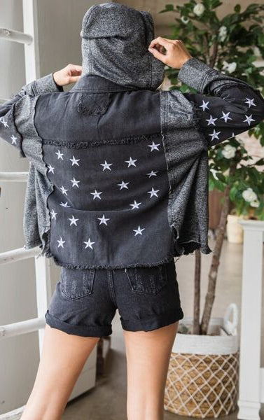 Veveret Star Embroidered Hooded Denim Jacket Trendsi