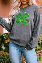 Lucky Clover Sequin Round Neck Sweatshirt Trendsi