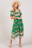 SAGE + FIG Printed Smocked Short Sleeve Midi Dress Trendsi