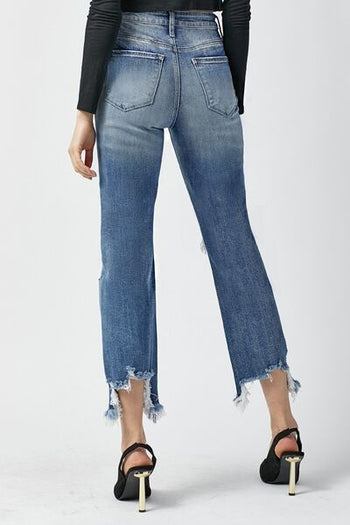 RISEN High Waist Distressed Frayed Hem Cropped Straight Jeans Trendsi