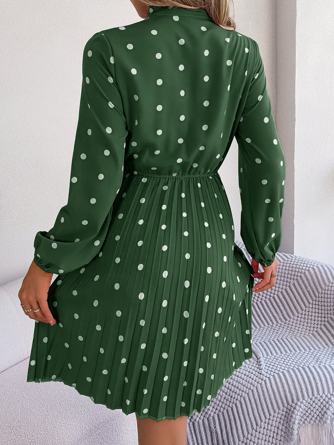 Polka Dot Tie Neck Pleated Dress Trendsi