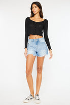 Kancan High Waist Frayed Denim Shorts Trendsi