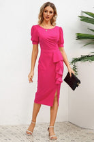 Slit Ruffled Puff Sleeve Midi Dress Trendsi