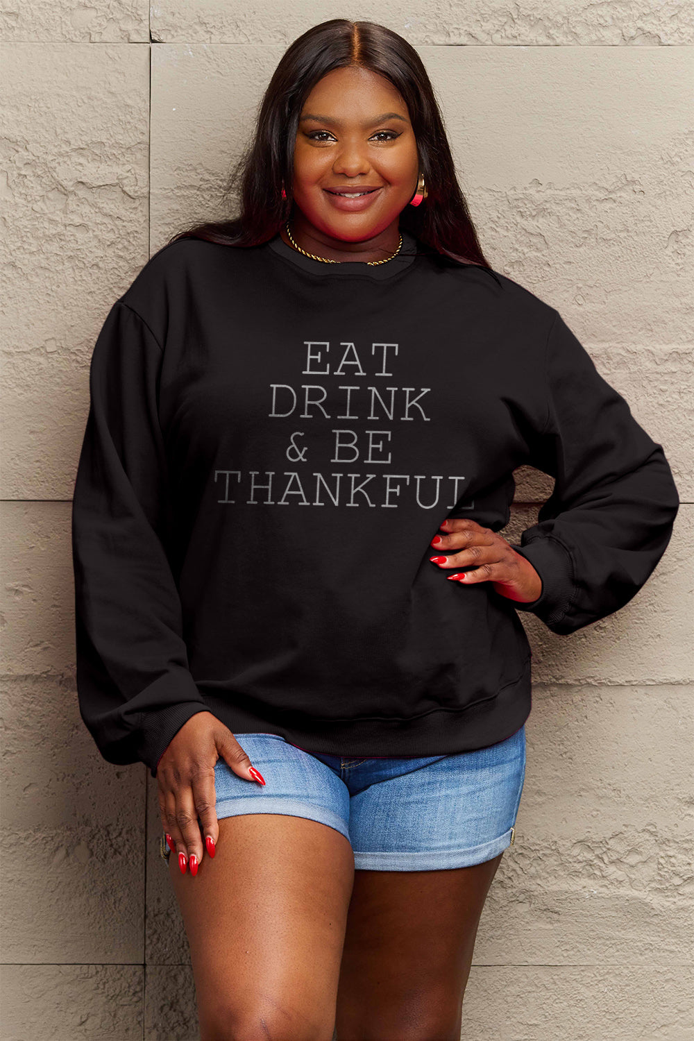 Simply Love Full Size EAT DRINK & BE THANKFUL Round Neck Sweatshirt Trendsi