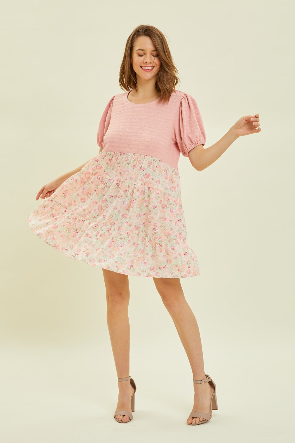 HEYSON Full Size Round Neck Floral Ruffle Hem Mini Dress Trendsi