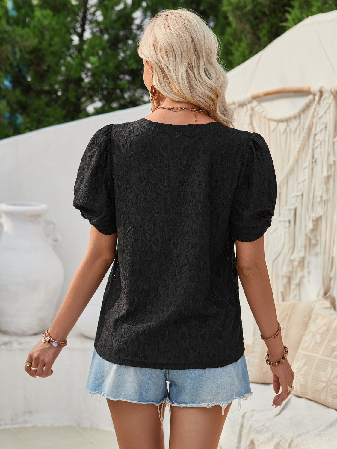 Twisted Heart V-Neck Short Sleeve Blouse Trendsi