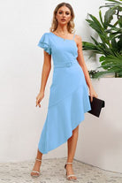 Ruffled Asymmetrical Neck Flutter Sleeve Dress Trendsi