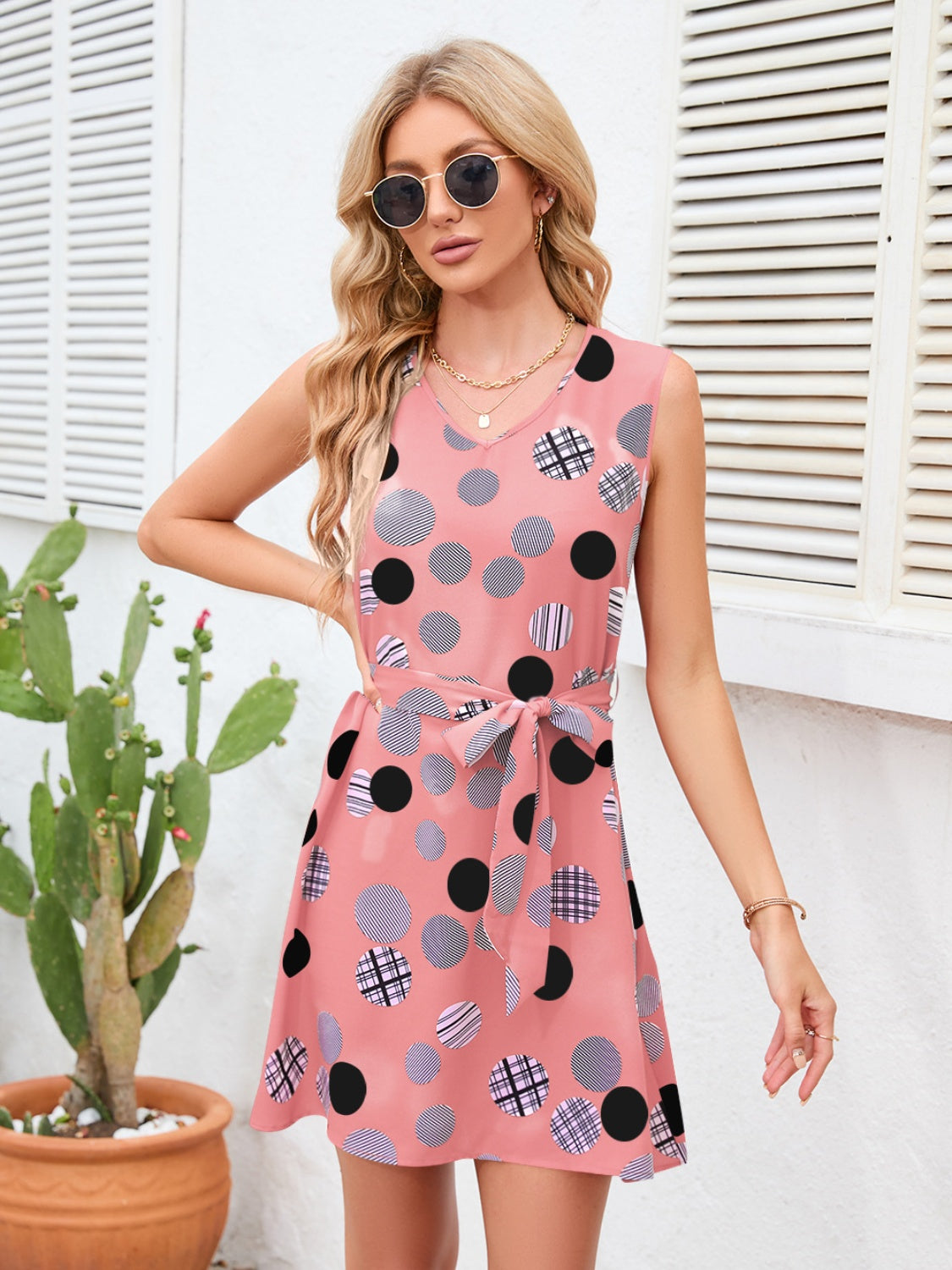 Tied Polka Dot V-Neck Dress Trendsi