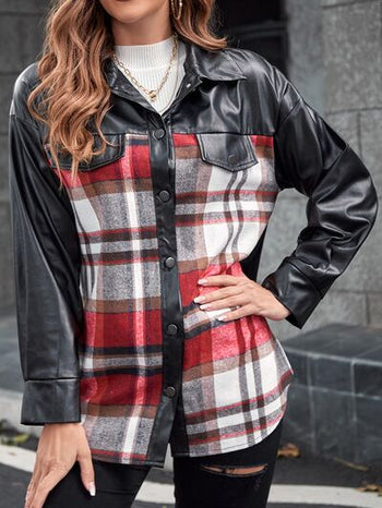 Plaid Button Up Dropped Shoulder Jacket Trendsi